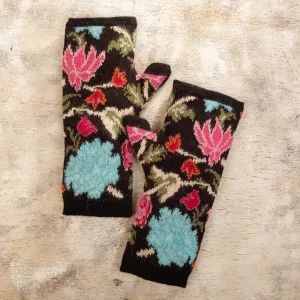 Baby Alpaca Fingerless Mitts with Floral Motifs - Ebony Baroque | NOVICA