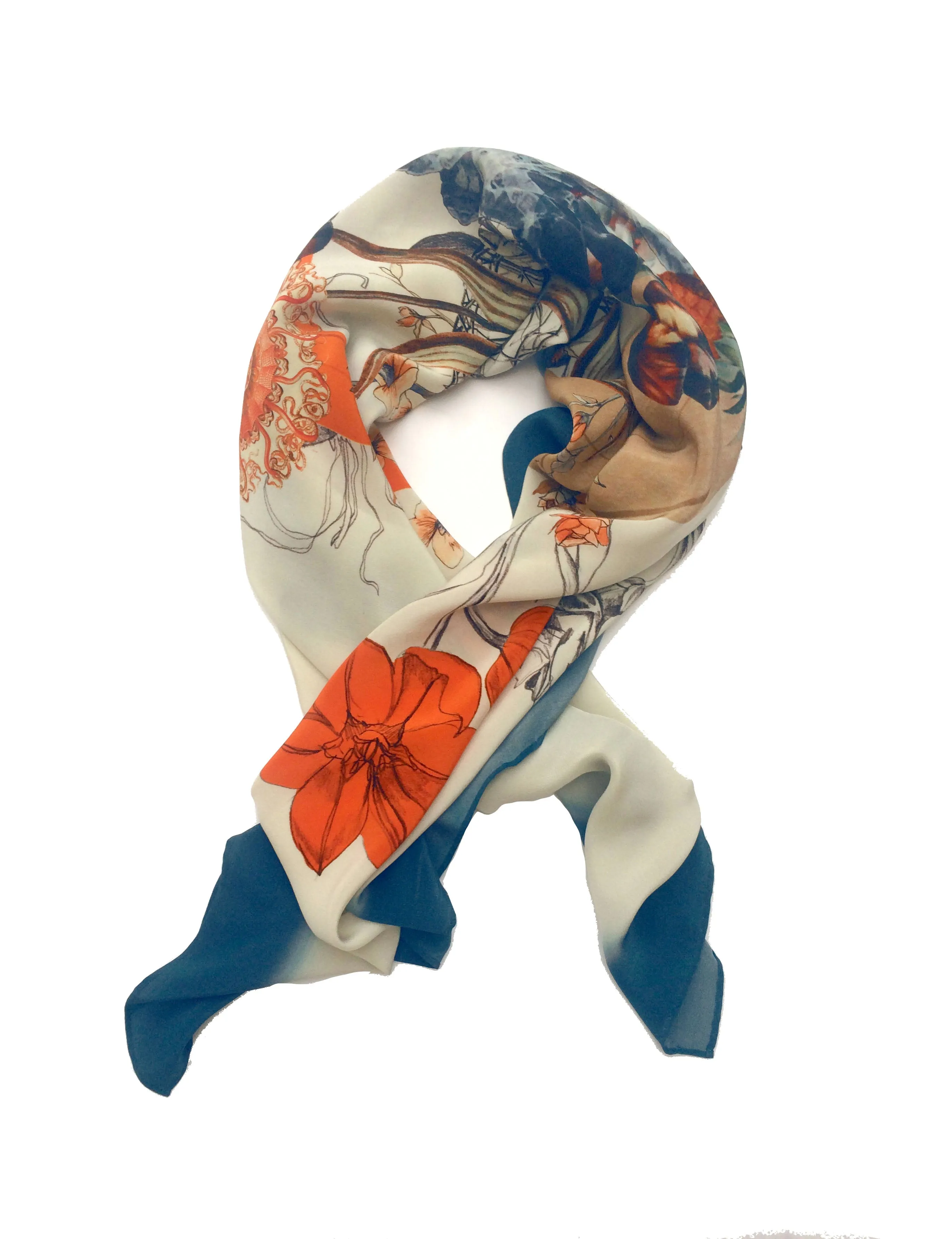 Blue 'Crustacean Silk' Silk Scarf, large square Silk Scarf with crab and tulip design from the Evolution Collection