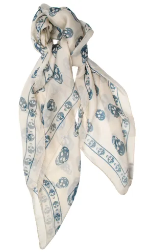 Classic Skull Scarf Silk Chiffon, Ivory/Teal