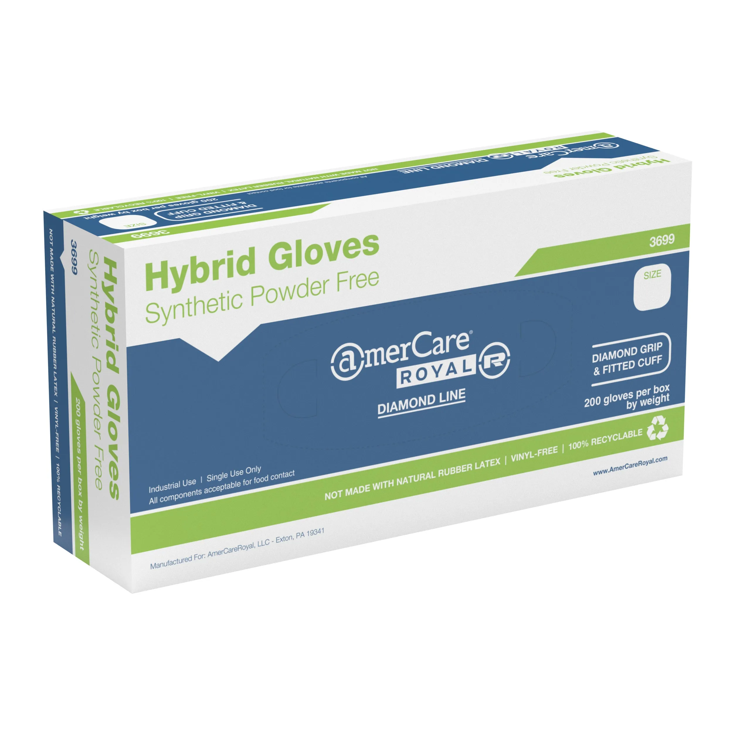 Diamond Grip Powder-Free ACR Hybrid 3.0 Gloves (S-XXL), Case of 1,000 (XXL: 900)