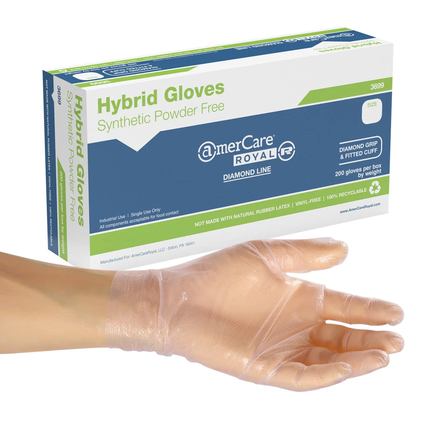 Diamond Grip Powder-Free ACR Hybrid 3.0 Gloves (S-XXL), Case of 1,000 (XXL: 900)