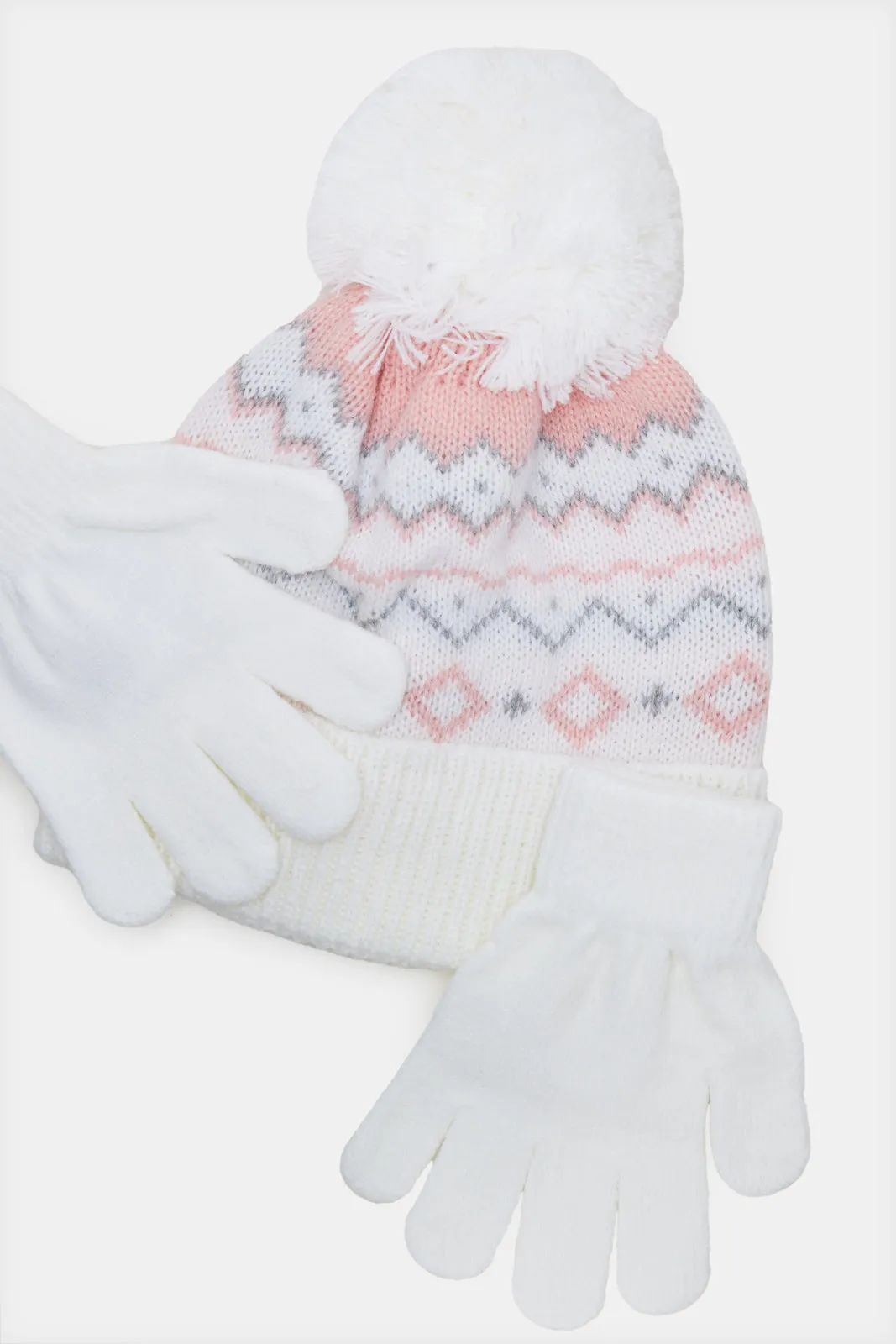 Girls White Embellished Cap With Gloves (3 Piece)