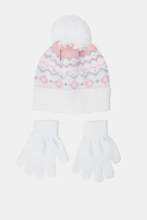 Girls White Embellished Cap With Gloves (3 Piece)