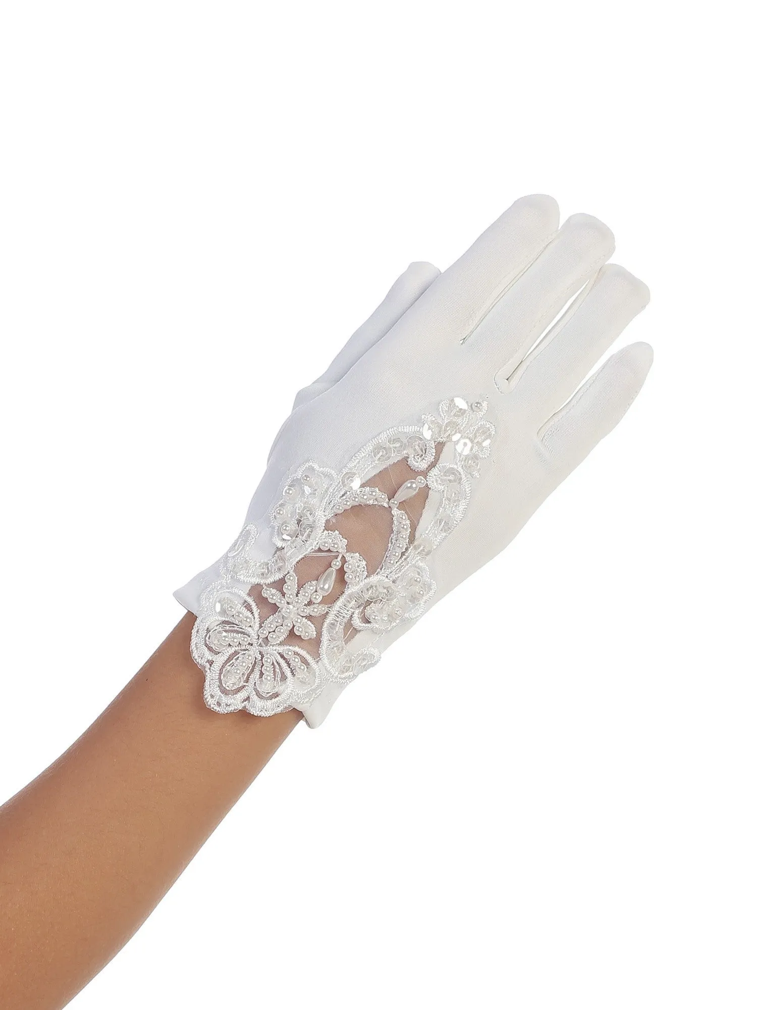 Girls White Lace Embellished Matte Satin Special Occasion Gloves 0-14