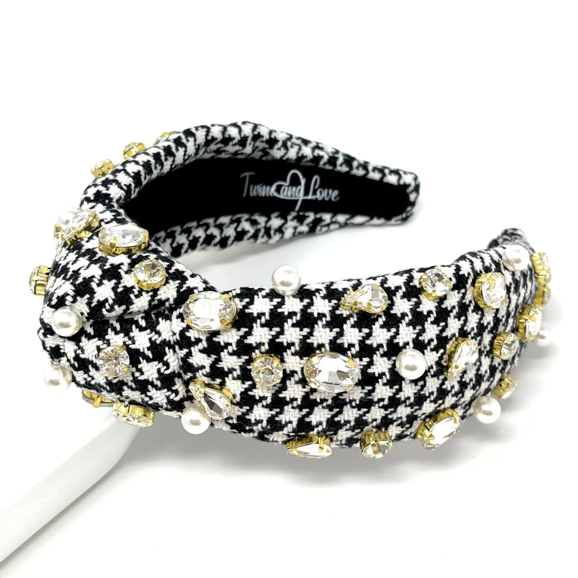 Hand Embellished Houndstooth Knotted Headband