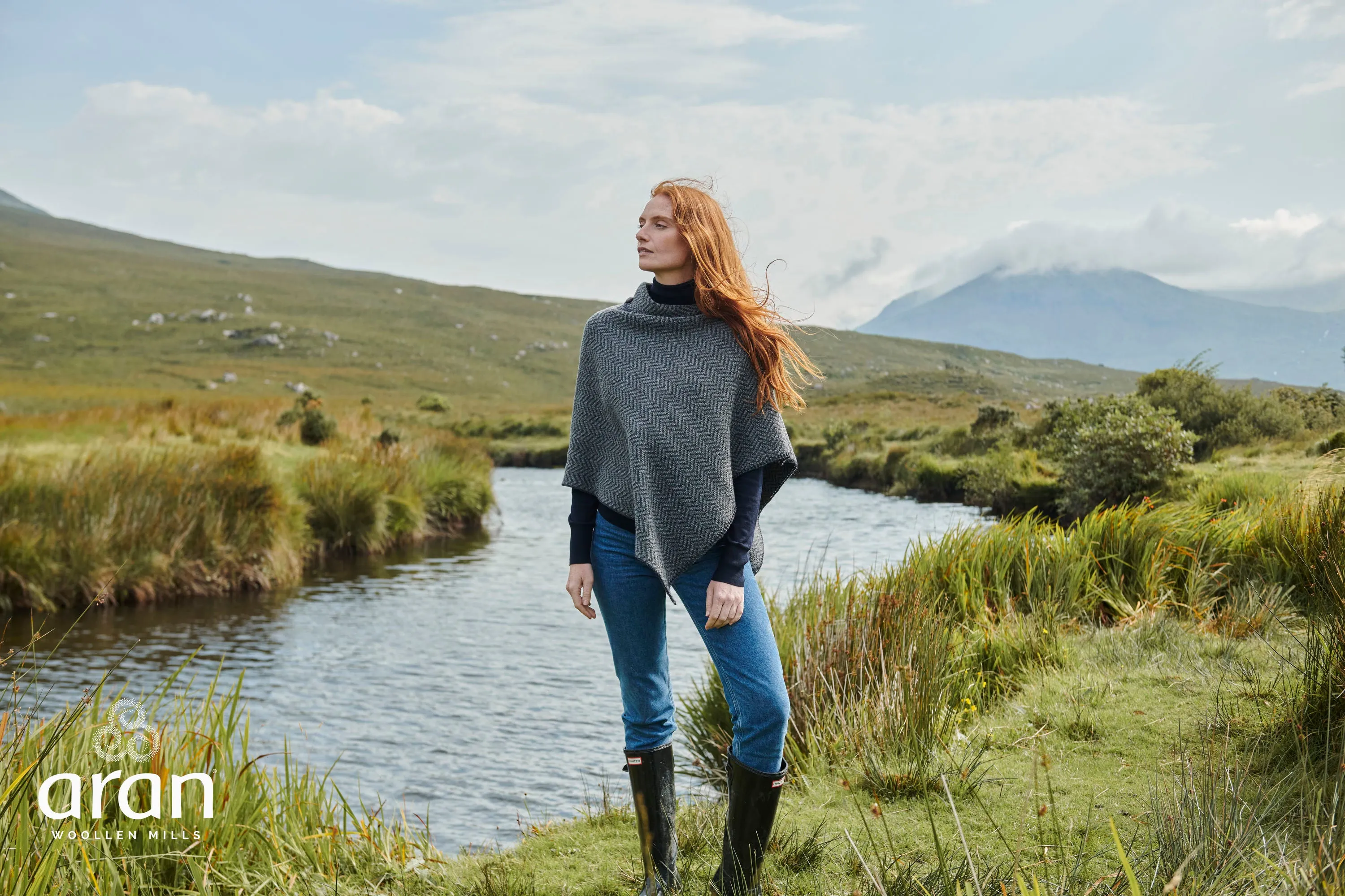 Ladies Herringbone Poncho | Charcoal