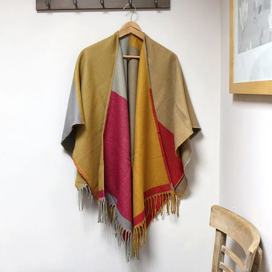 Mustard Mix Colour Block Fringed Poncho Wrap