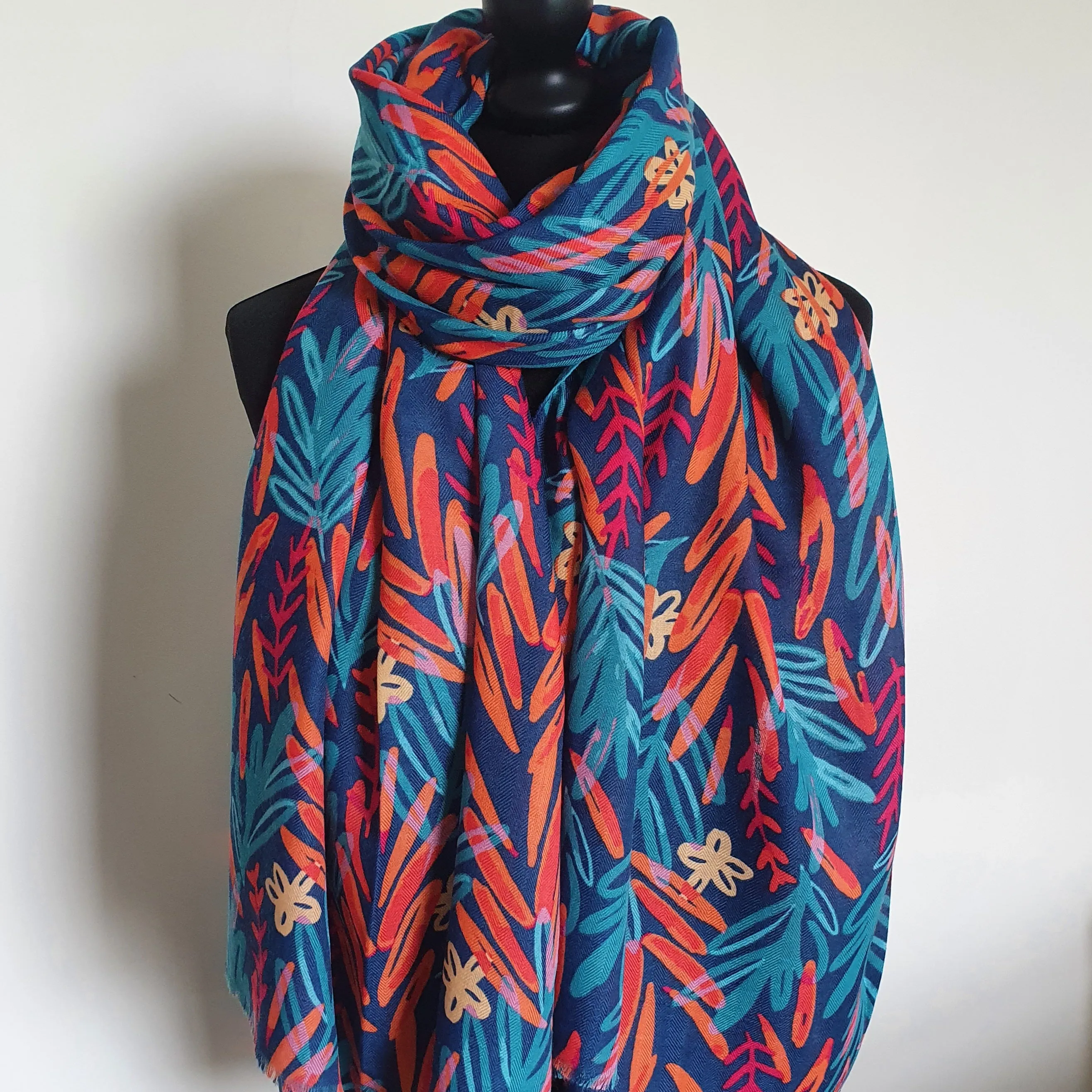 Navy Watercolour Leaf Scarf