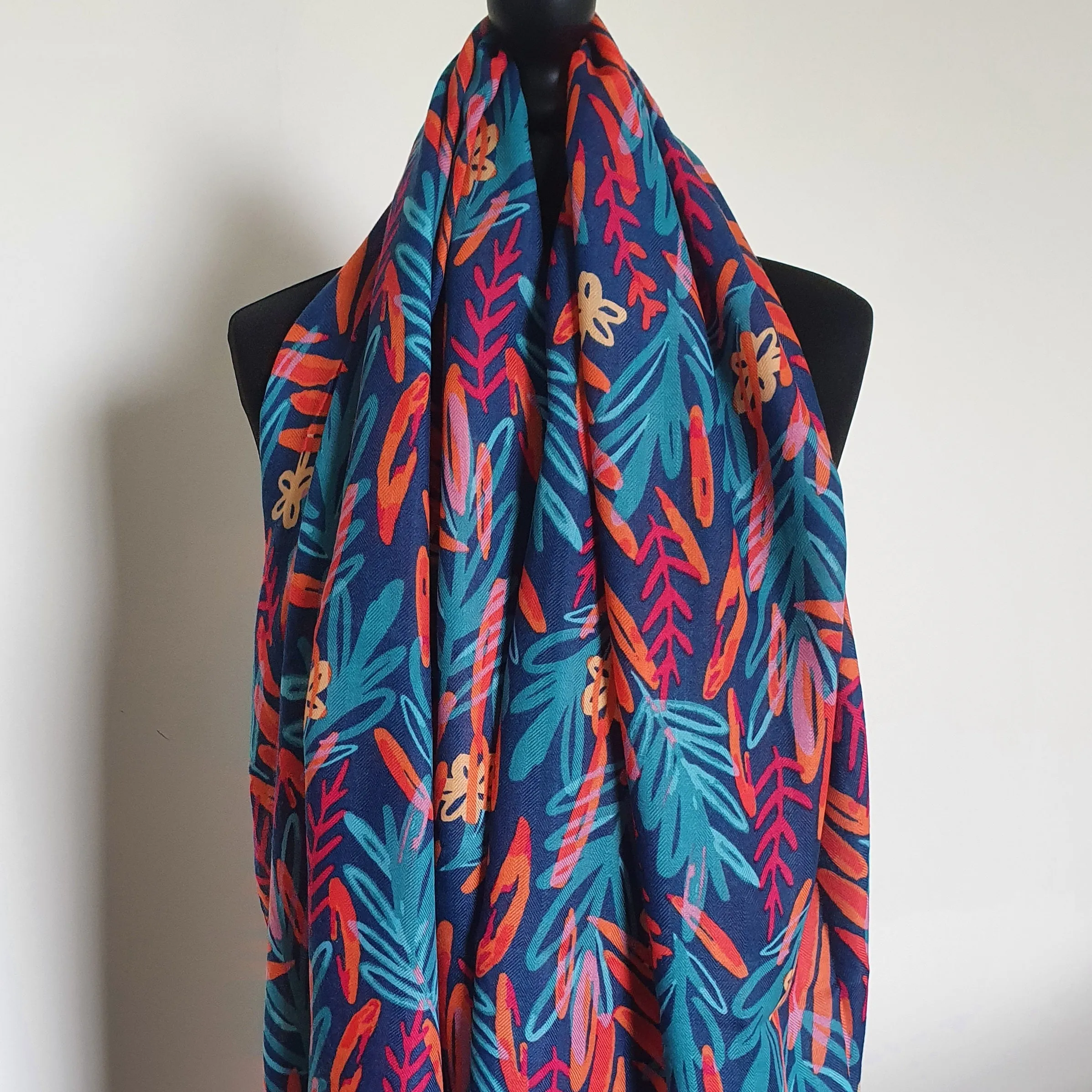 Navy Watercolour Leaf Scarf