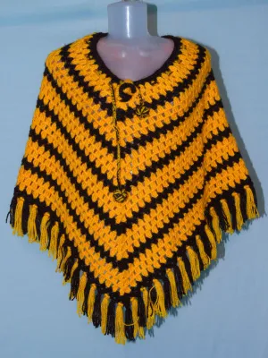 Orange and black color combi beautiful design poncho hand knitted woolen for women