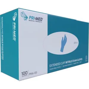 PRIMED® Secure™ Extended Cuff Nitrile Exam Gloves – Powder Free, Blue, 100/Pkg