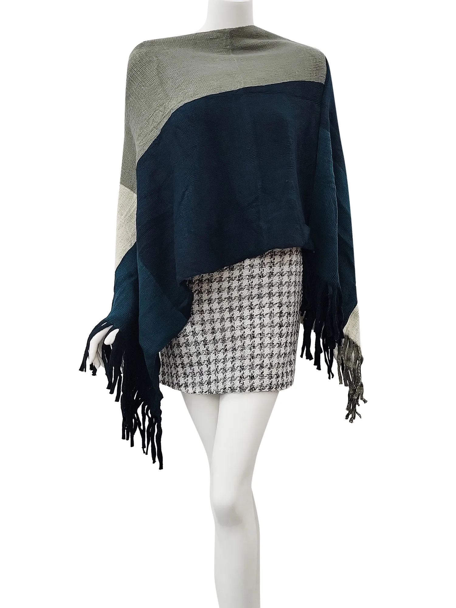 RAJ STACEY KNIT COLORBLOCK BOTTOM TASSELS PONCHO CAPE