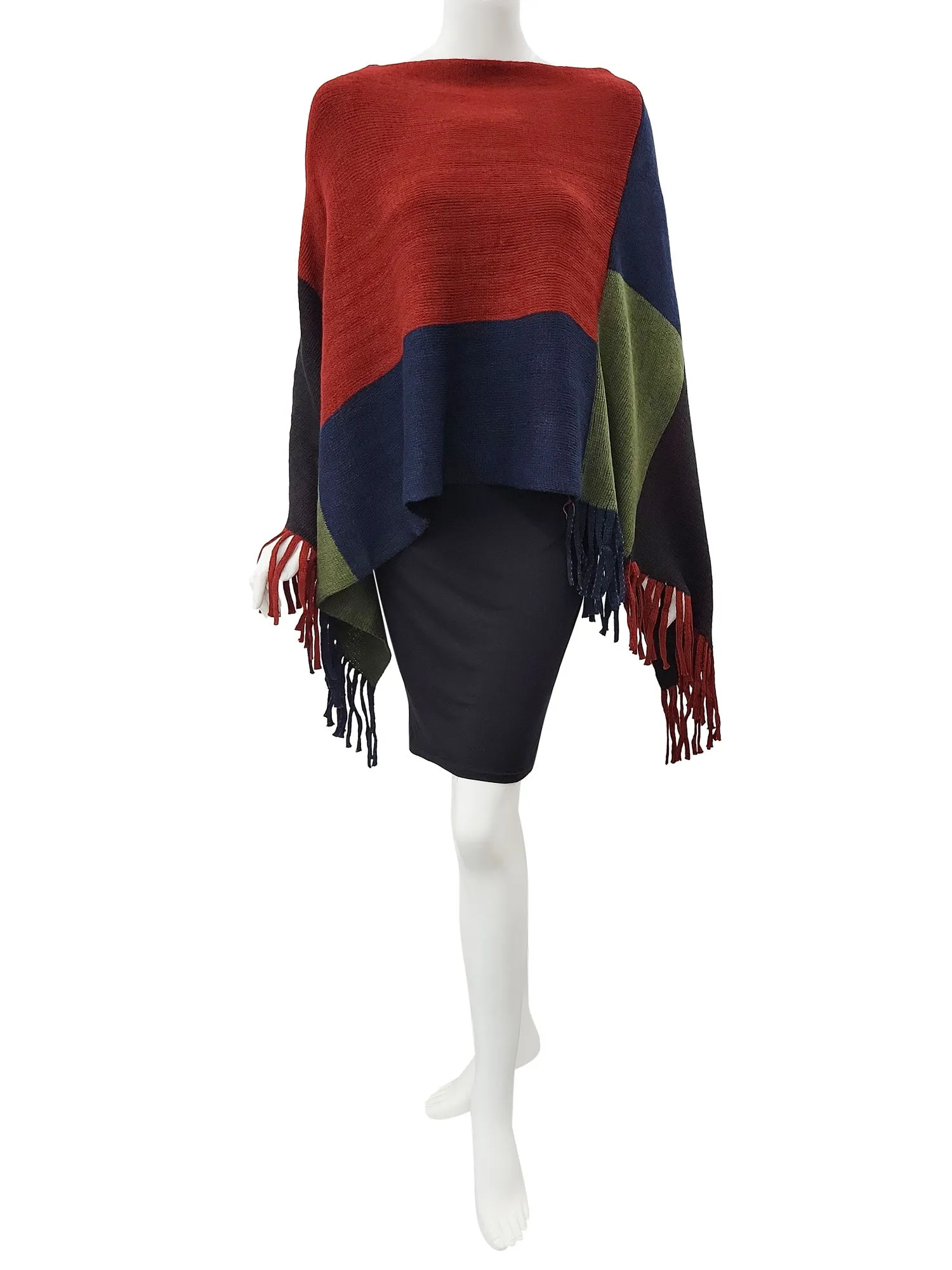 RAJ STACEY KNIT COLORBLOCK BOTTOM TASSELS PONCHO CAPE