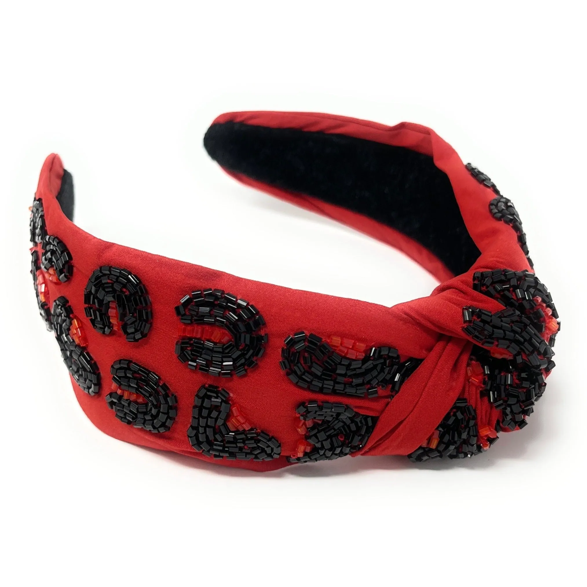 Red Black Leopard Hand Beaded Knot Headband