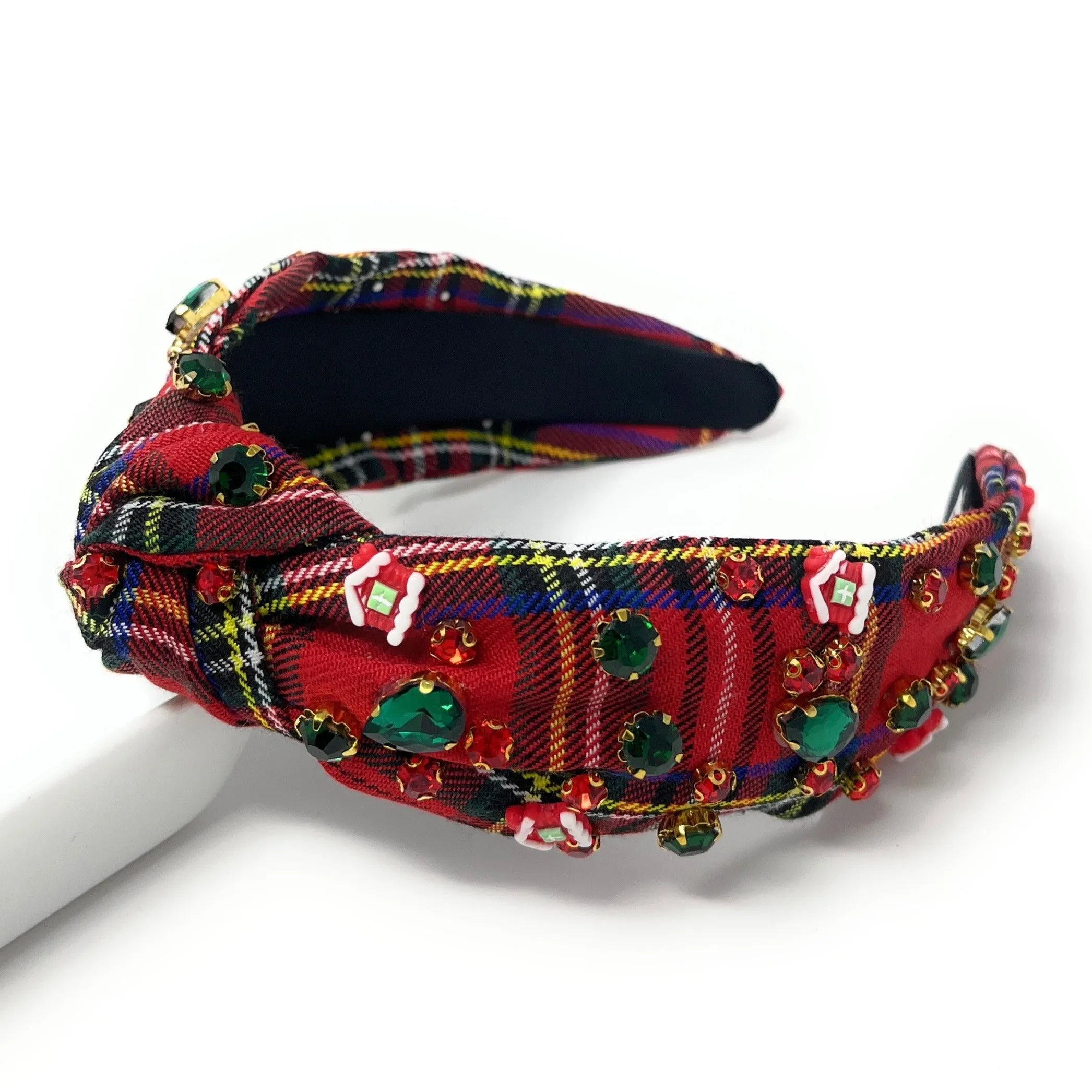 Red Plaid Gingerbread House Jeweled Knot Headband