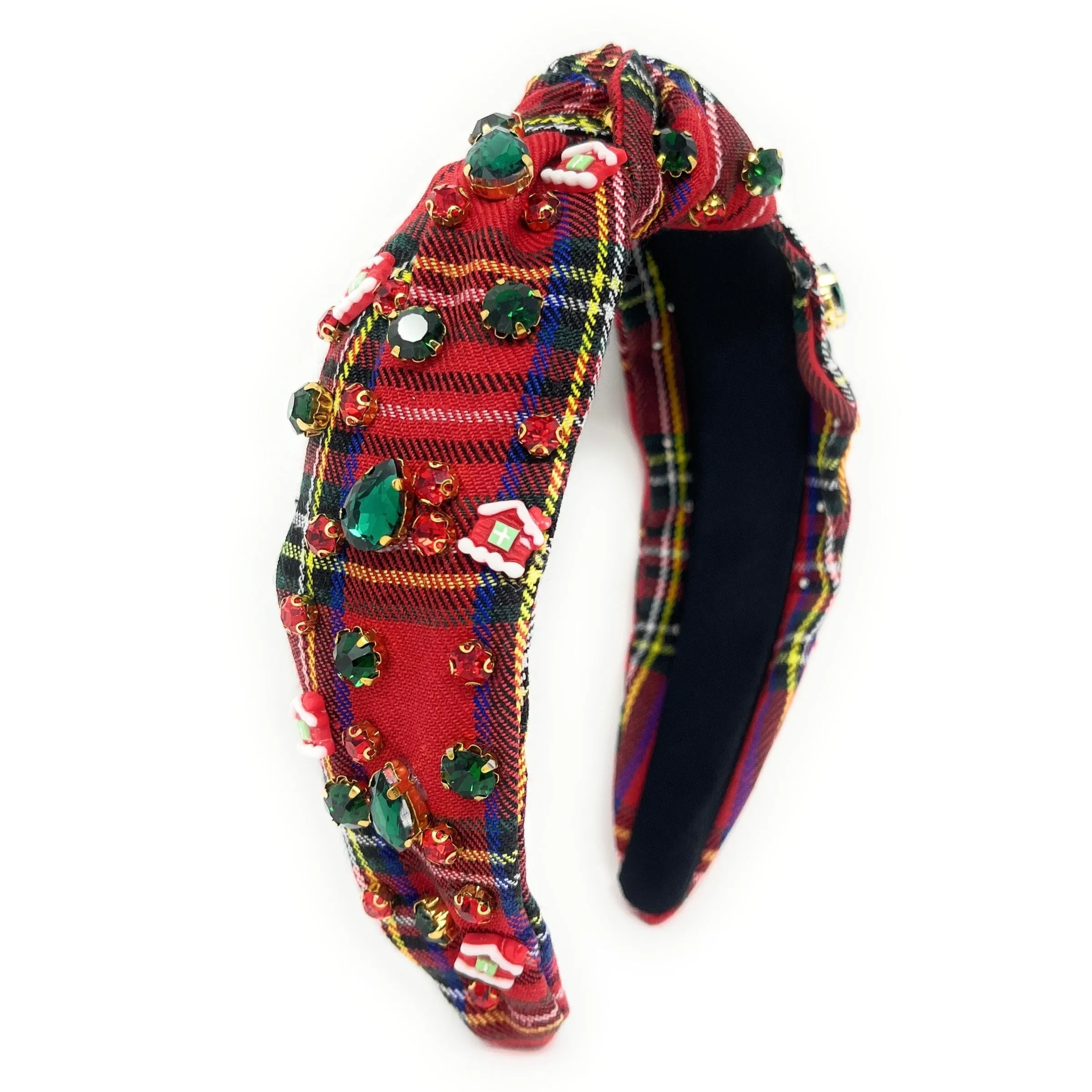 Red Plaid Gingerbread House Jeweled Knot Headband