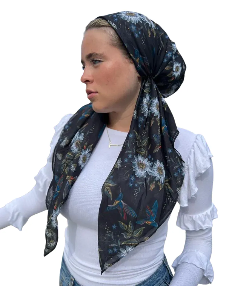 Scarf Bar Black Mockingbird Floral Classic Pre-Tied Bandanna with Full Grip