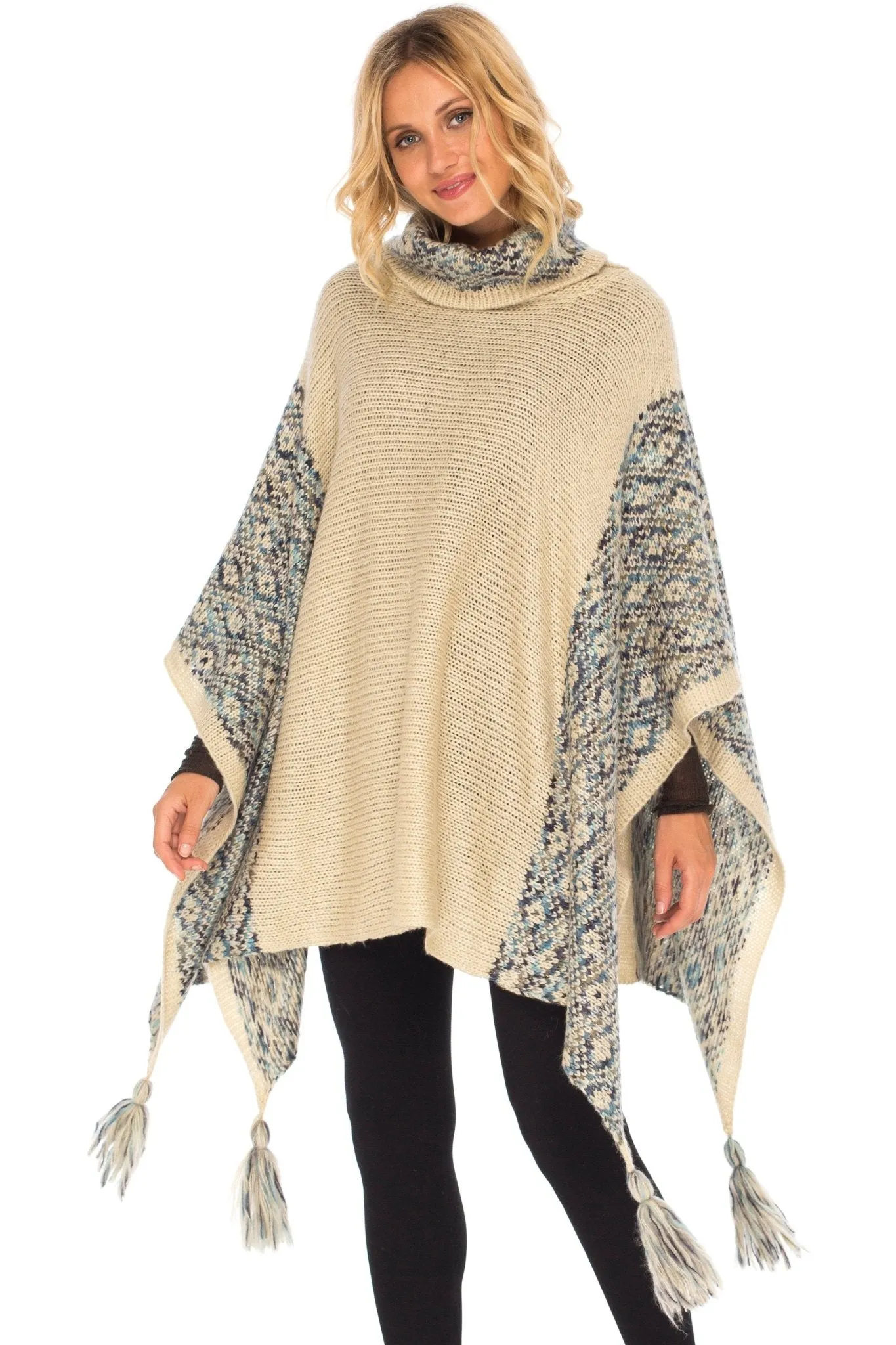 SHU-SHI Women's Knit Poncho | Oversized Cowl Neck Boho Shawl with Tassels | Pullover Sweater Cape