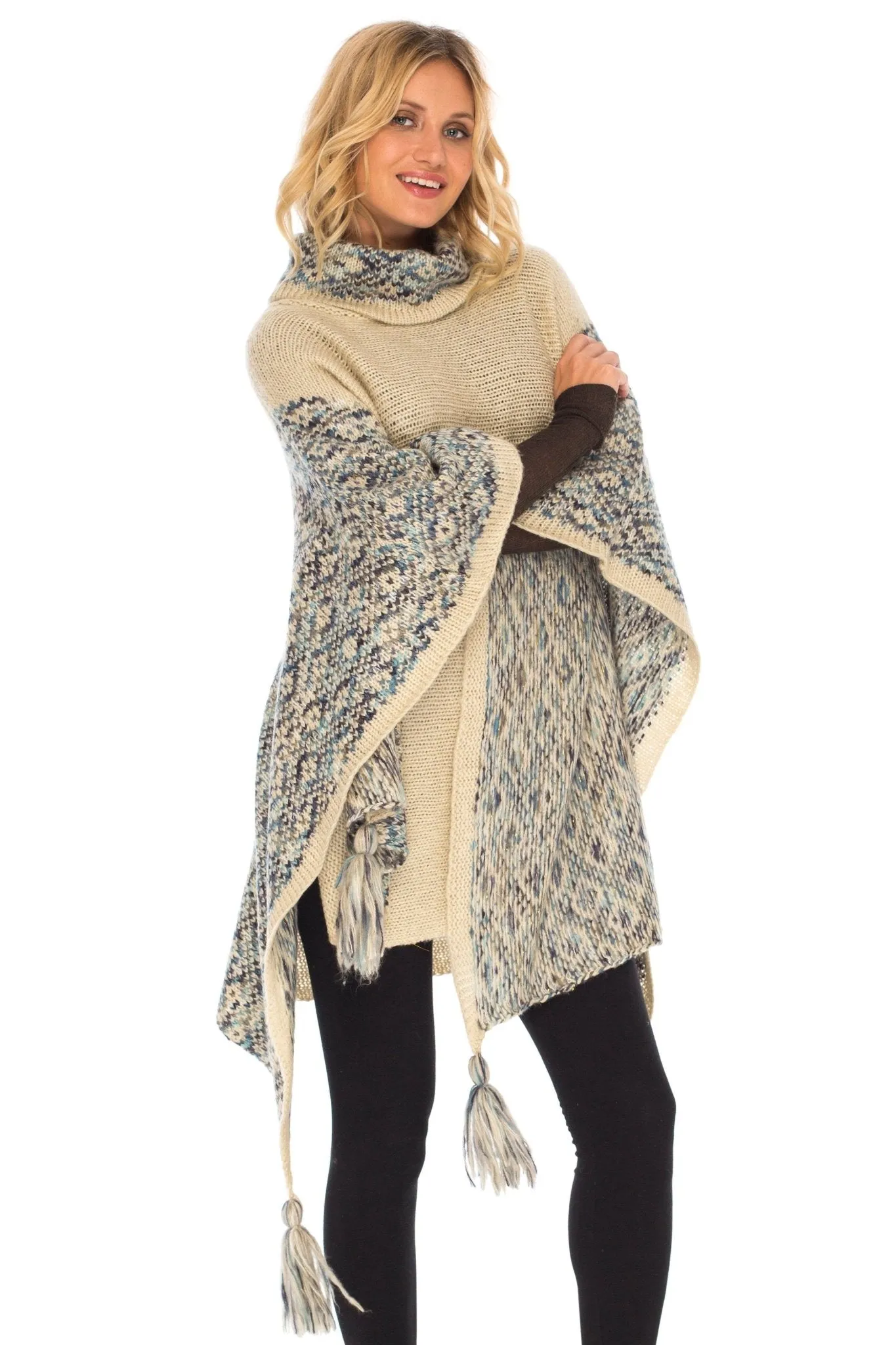 SHU-SHI Women's Knit Poncho | Oversized Cowl Neck Boho Shawl with Tassels | Pullover Sweater Cape