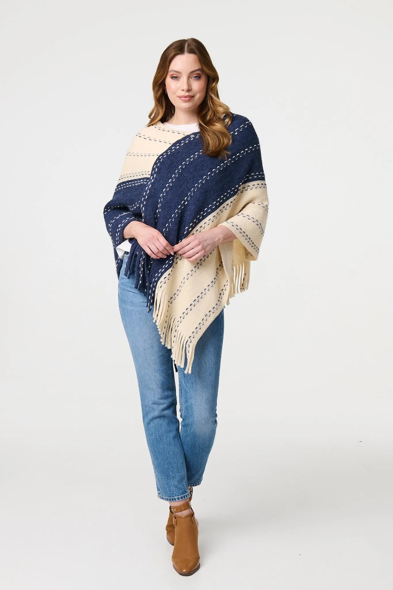 Striped Tassel Trim Oversized Poncho