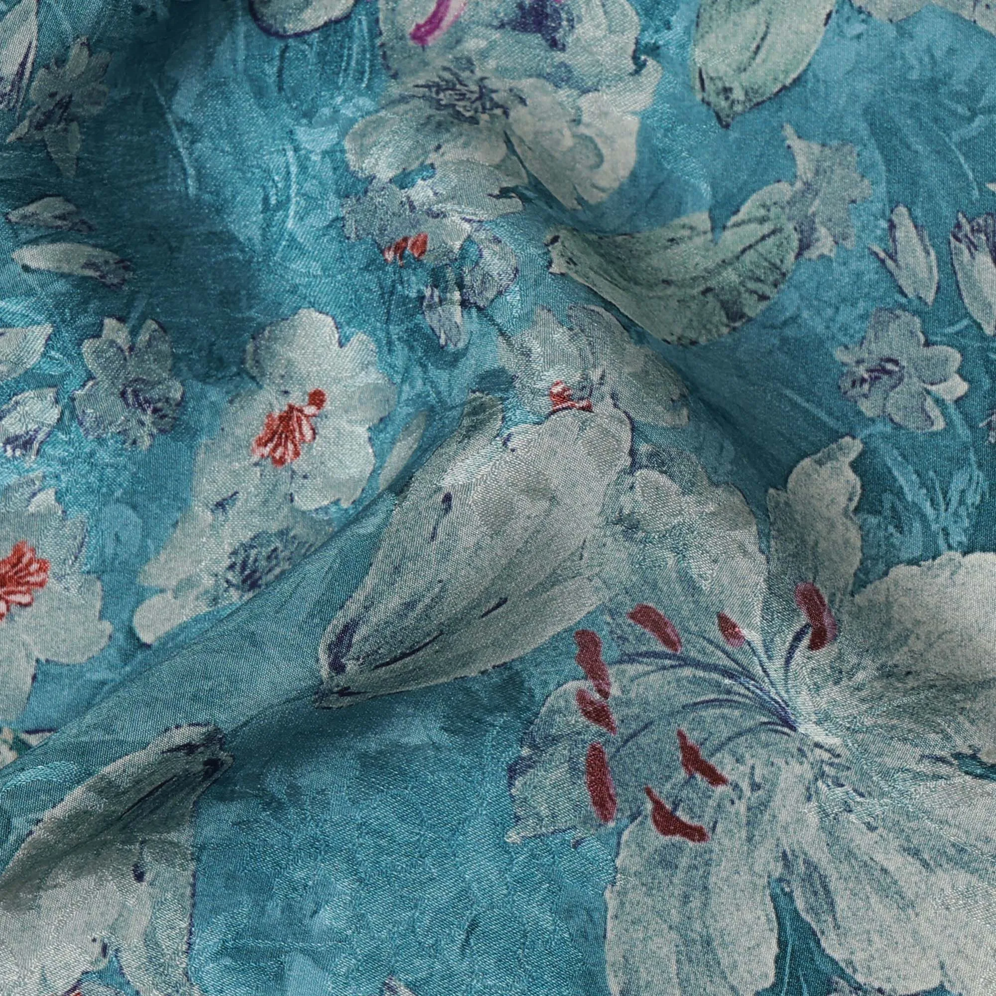 Turquoise Blue Viscose Crepe Printed Fabric with White Floral Design, 110 cm Width-D20462