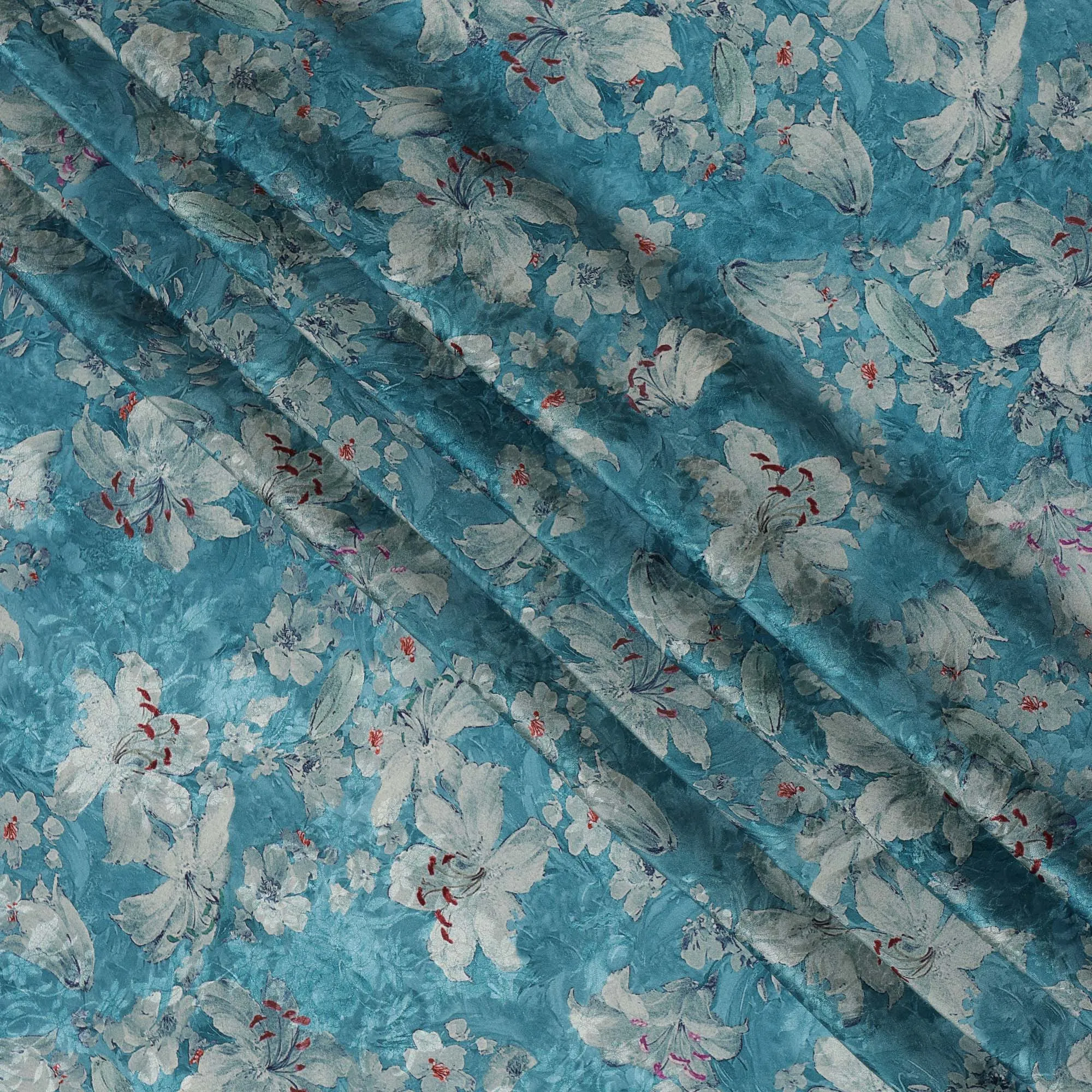 Turquoise Blue Viscose Crepe Printed Fabric with White Floral Design, 110 cm Width-D20462