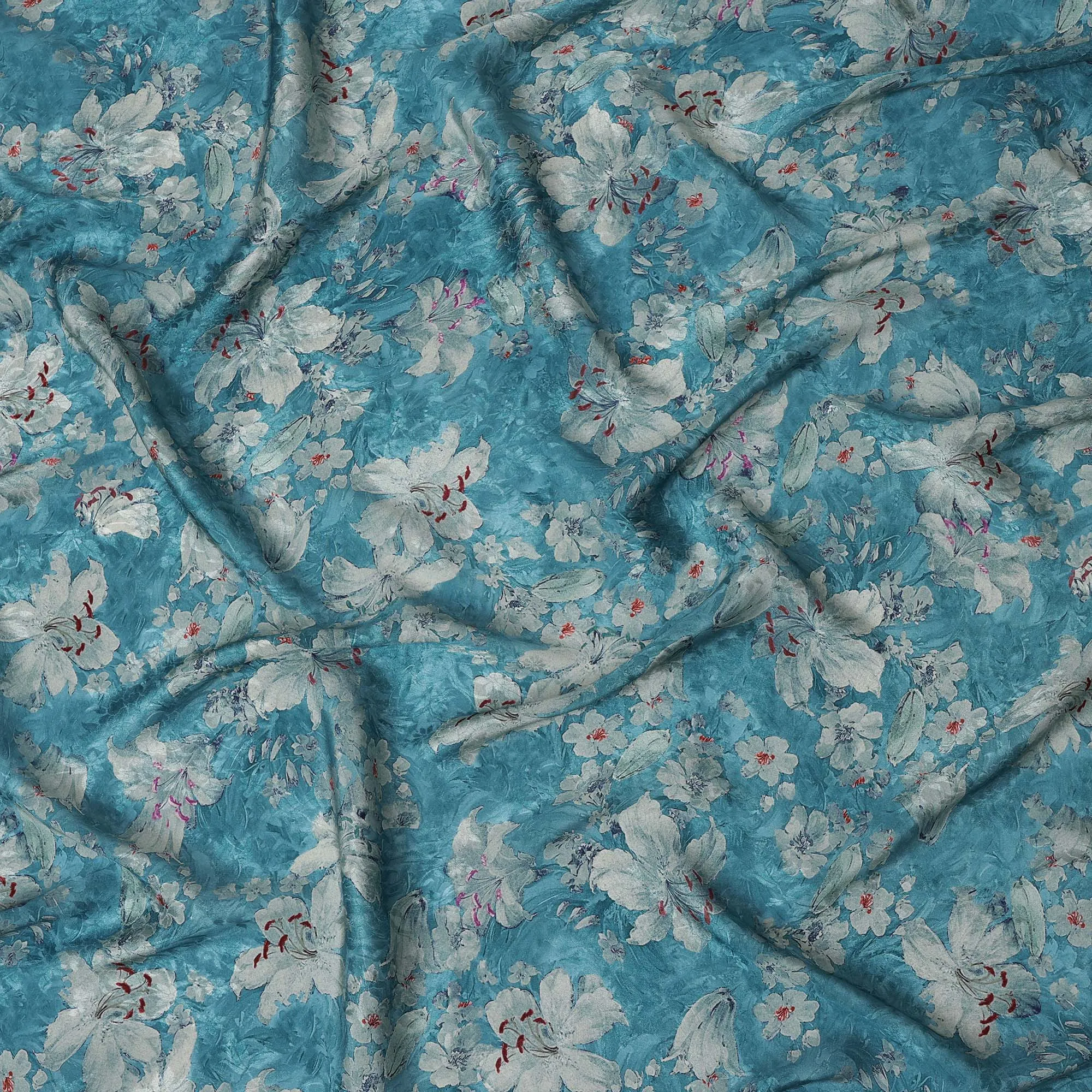 Turquoise Blue Viscose Crepe Printed Fabric with White Floral Design, 110 cm Width-D20462