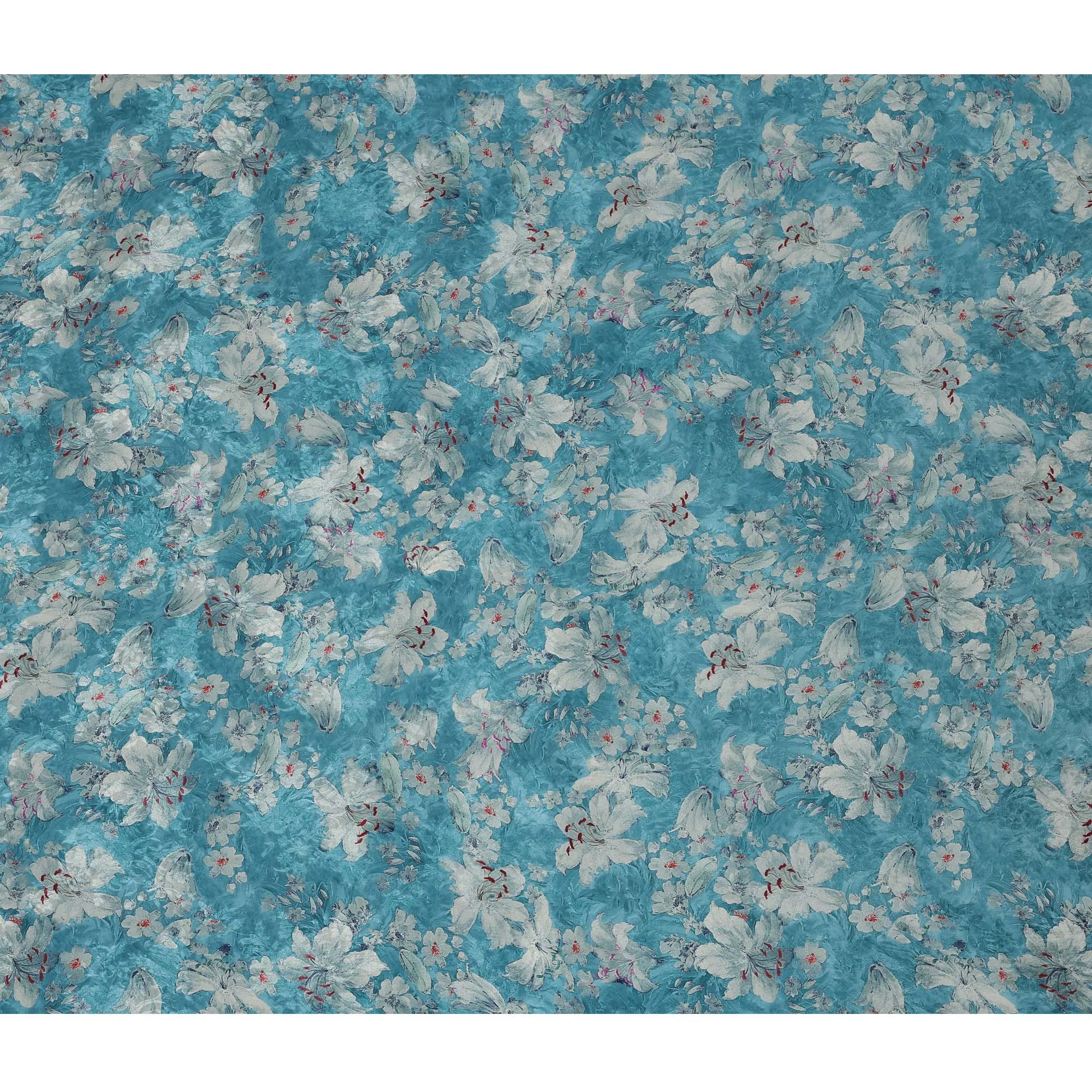 Turquoise Blue Viscose Crepe Printed Fabric with White Floral Design, 110 cm Width-D20462