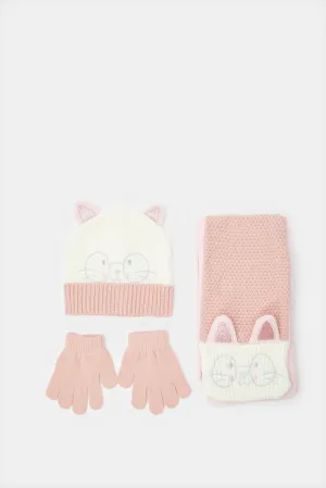 Women Pink And White Knitted Set (3 Piece)