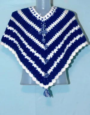 Woolen Handmade navy blue and white color combi poncho for women